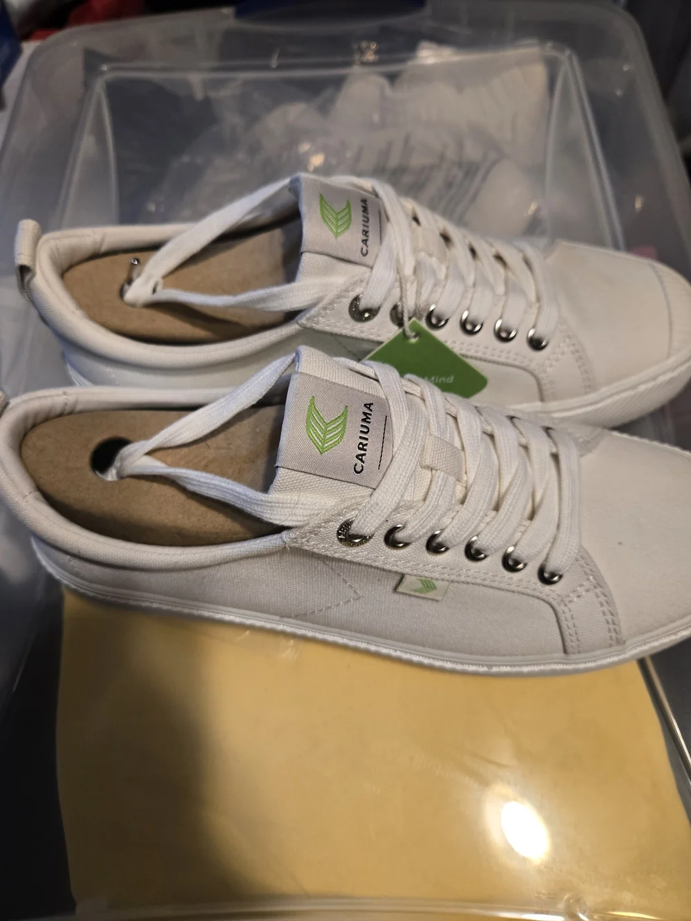 Cariuma Men’s White Canvas Sneakers with Green Accent